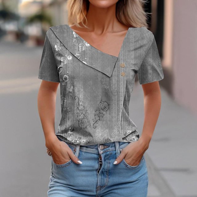SDNall T-shirt Décontracté à Manches Courtes Imprimé Printemps/été pour Femmes avec Boutons