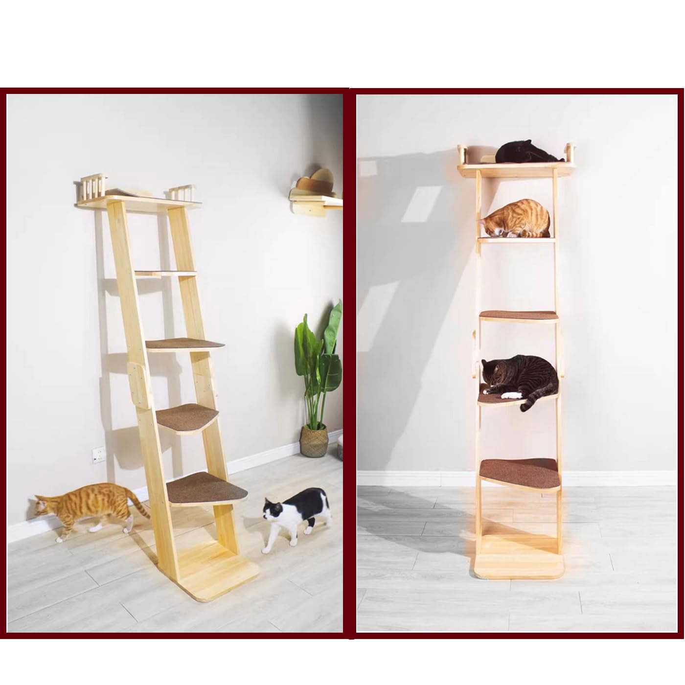 Modern 70" Tall 6 Level Leaning Cat Climbing Ladder Tree Tower Condo With Large Perch Platform For Window Wall  Solid Wood Furniture Shelves Multiple Cats