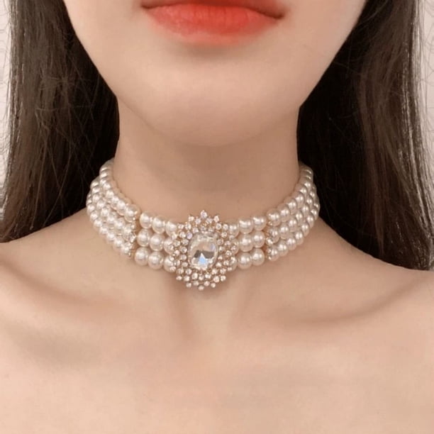 Gargantilla estilo corte retro con perlas y diamantes de imitación, elegante collar corto, collar ancho que cubre cicatrices, moda