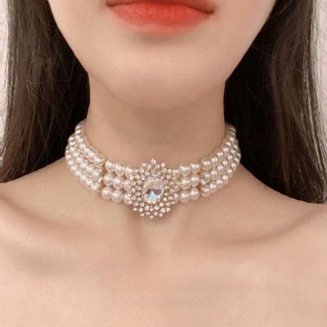 Gargantilla estilo corte retro con perlas y diamantes de imitación, elegante collar corto, collar ancho que cubre cicatrices, moda
