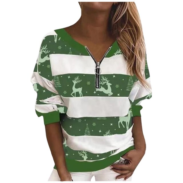 Tops de mujer con cremallera y cuello en V de manga larga con estampado de rayas de bloque de Color, suéter informal, camisa, blusa de Navidad Otoño Invierno Fridja FKASFK3701
