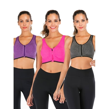 YouLoveIt Sports Bra for Women  3-pack Women s Front Zipper Closure Sports Bra Racerback Workout Yoga Sports Bras Workout Bras Zipper Yoga Bras with Removable Pads