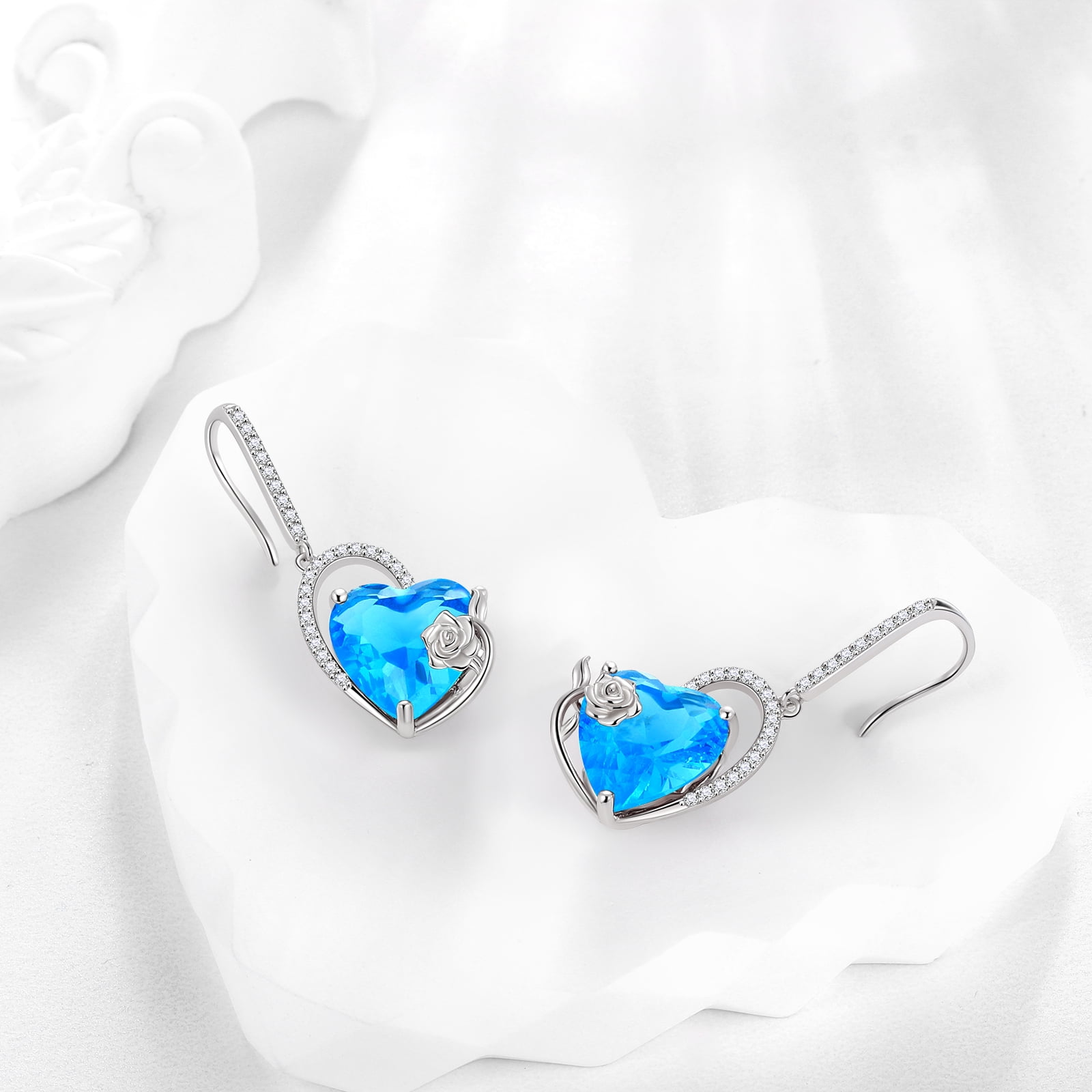 Juwaliy 925 Sterling Silver Earrings Women Heart March Birthstone Hook Dangle Earring Aquamarine Blue Rose Flower Jewelry Mother Birthday Gift