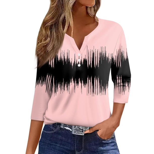 Camiseta para Mujer Camiseta Estampada Botón Manga 3/4 Diario Fin de Semana Moda Básica Cuello en V Top Regular Rosa/3XL