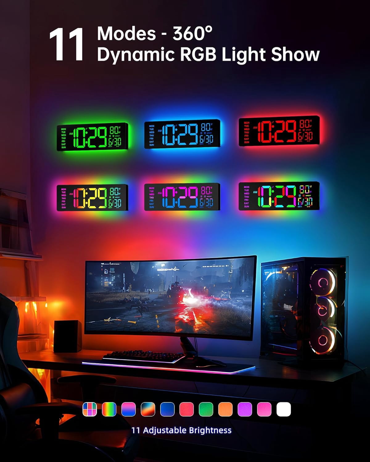 LEIKE Digital Wall Clock for Classroom Livingroom Game Home Decor with LED Display RGB Lights, BIuetooth Sync, Dual Alarms, Auto DST, Countdown, Remote Control, Temperature