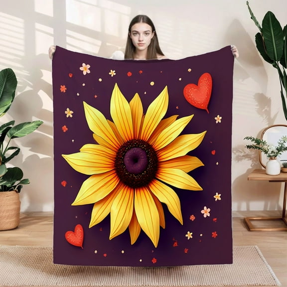 Vibrant Sunflower Flannel Blanket - Soft Cozy Warm Design with Colorful Flowers & Hearts - Perfect for Sofa Travel Bed Chair