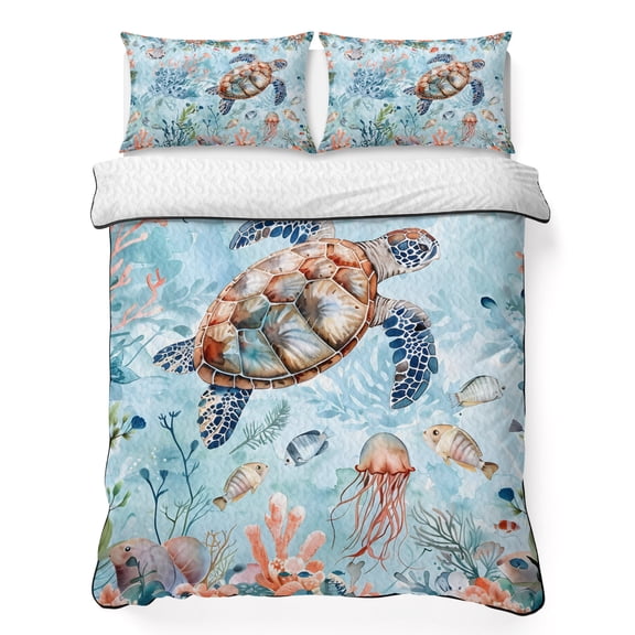 King Quilt Set 96''x106'', Sea Turtle Lightweight Bedspread Coverlet Set with 2 Pillow Shams, Summer Beach Coastal Nautical Coral Blue Red Breathable All Season Quilt Bedding for Bedroom/Guest Room