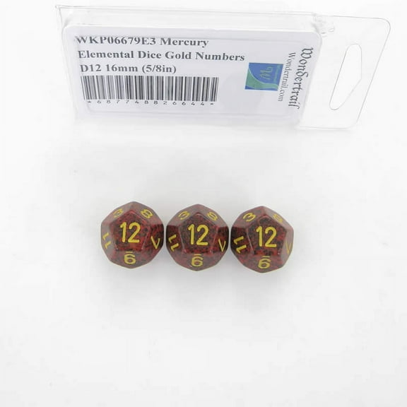 Mercury Elemental Dice with Gold Numbers D12 16mm (5/8in) Pack of 3 Wondertrail