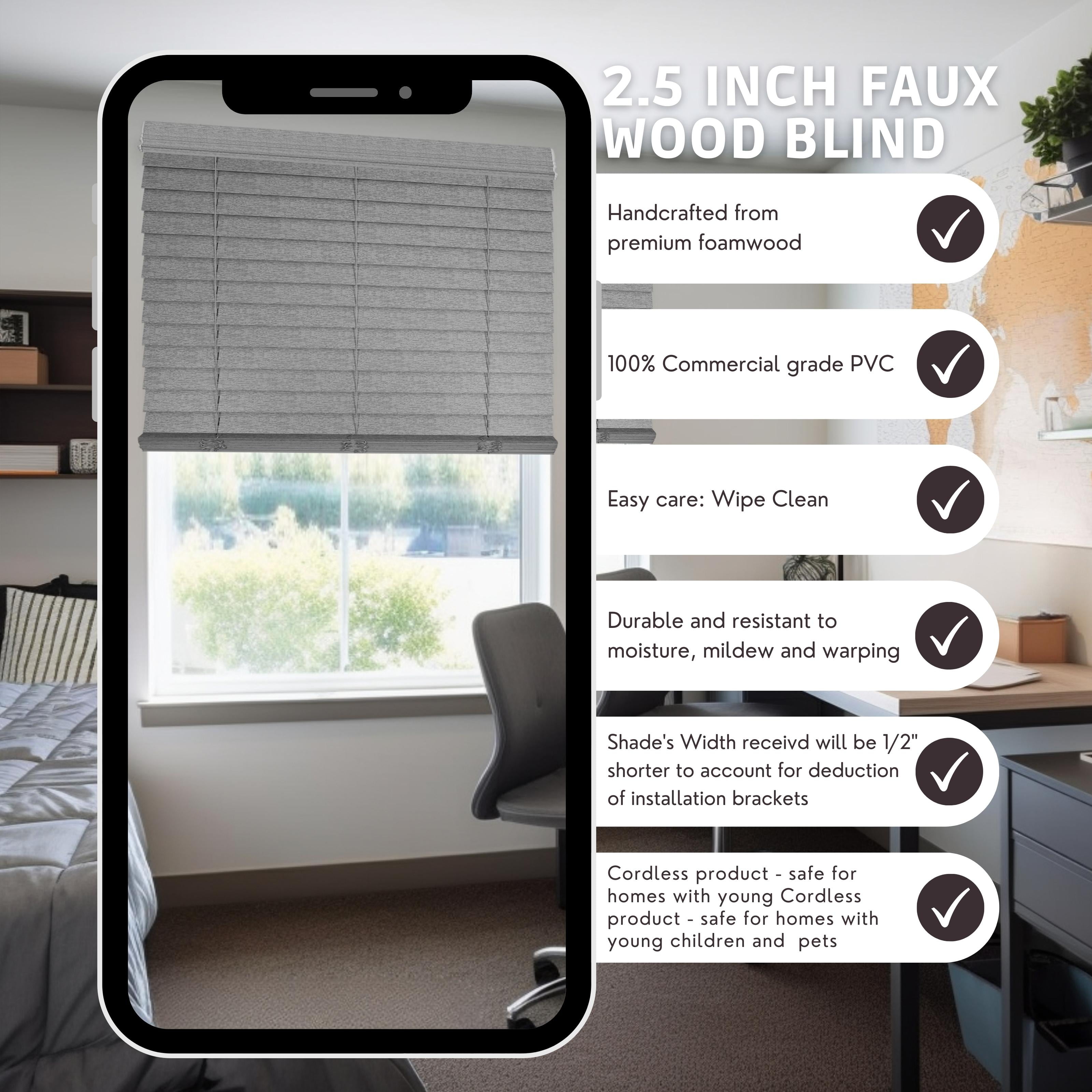 Chicology Cordless Faux Wood Blinds, Gray Textured (2.5" Slat), 24"W X 72"H