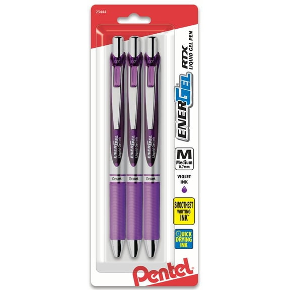 Pentel EnerGel Deluxe RTX Gel Pens, Medium Point, 0.7 mm, Assorted Barrels, Violet Ink, Pack of 3