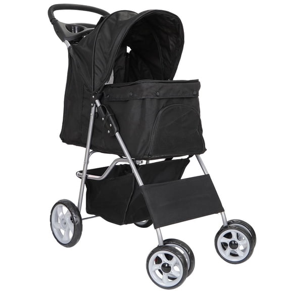 SONGMY Black 4-Wheel Pet Stroller, Foldable Dog Stroller Cart with Pads & Cup Holder, Portable Pet Stroller for Small Dogs Cats