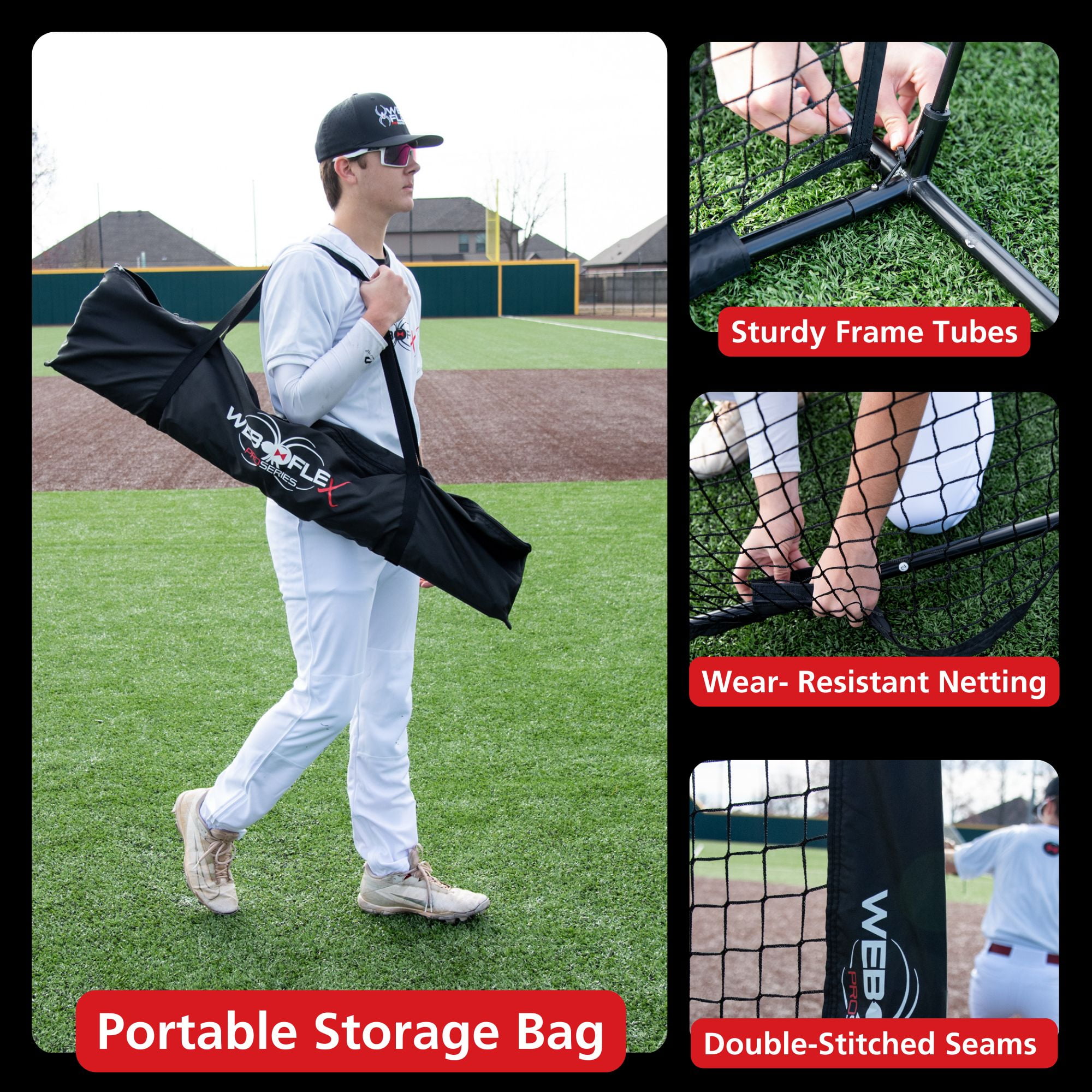Web Flex Spider Series 7' x 7' Field Screen for Baseball & Softball, Lightweight Portable Batting Practice Net
