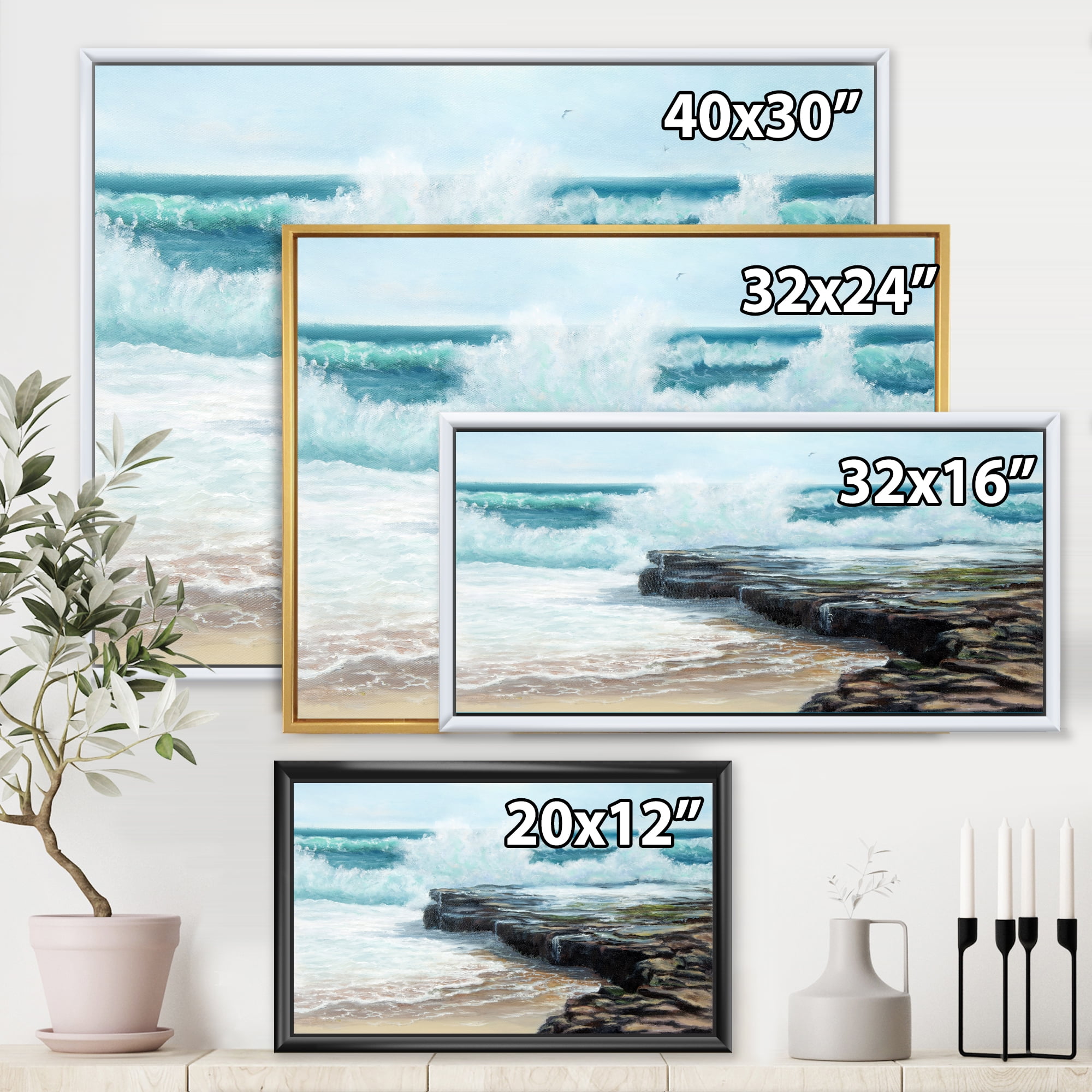Designart 'Wild Ocean Waves Breaking On The Shore' Nautical & Coastal Framed Canvas Wall Art Print