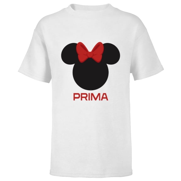 Disney Minnie Mouse Red Bow Icon Prima Familia Spanish- Short Sleeve T-Shirt for Kids - Customized-White