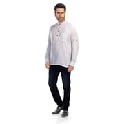 In-Sattva Mens Cotton Printed Henley Style Sattva-Collar Hip-Length Kurta Tunic; Ivory White; LG