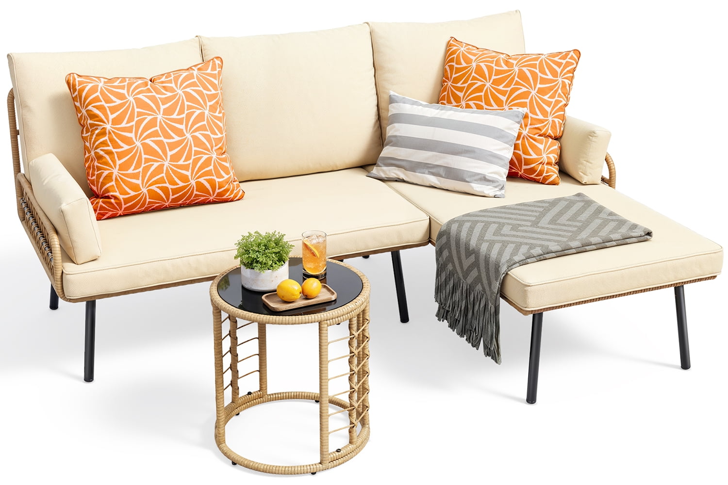 Outdoor Patio Furniture Set, Asofer Wicker Rattan L-Shaped Conversation Sectional Sofa Set with Thick Cushions & Table, Beige