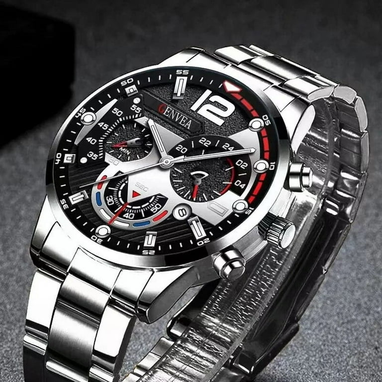 GENEVA New Fashion Watches Men Stainless Steel Top Brand Luxury Sports Chronograph Quartz Watch Men Clock Man Relogio Masculino Black Blue Walmart
