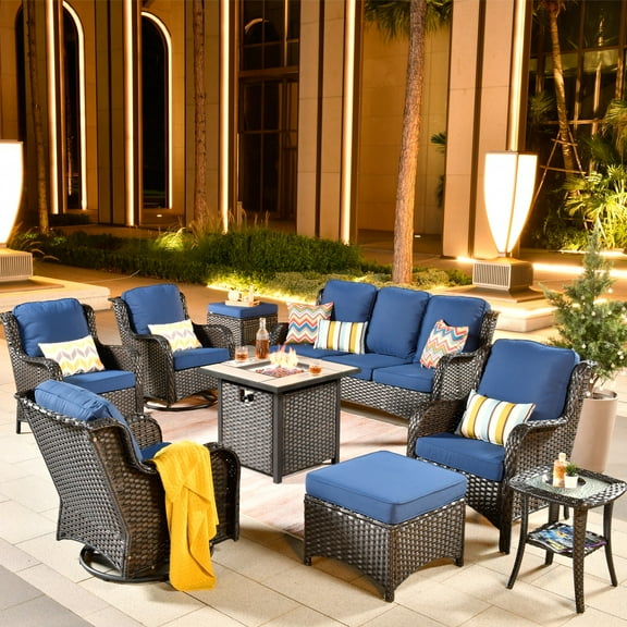 Ovios 9 Pieces Outdoor Patio Furniture with 30 Inch Fire Pit Table CSA Approved Grey Wicker Conversation Set with 360 Degree Swivel Rocking Chair