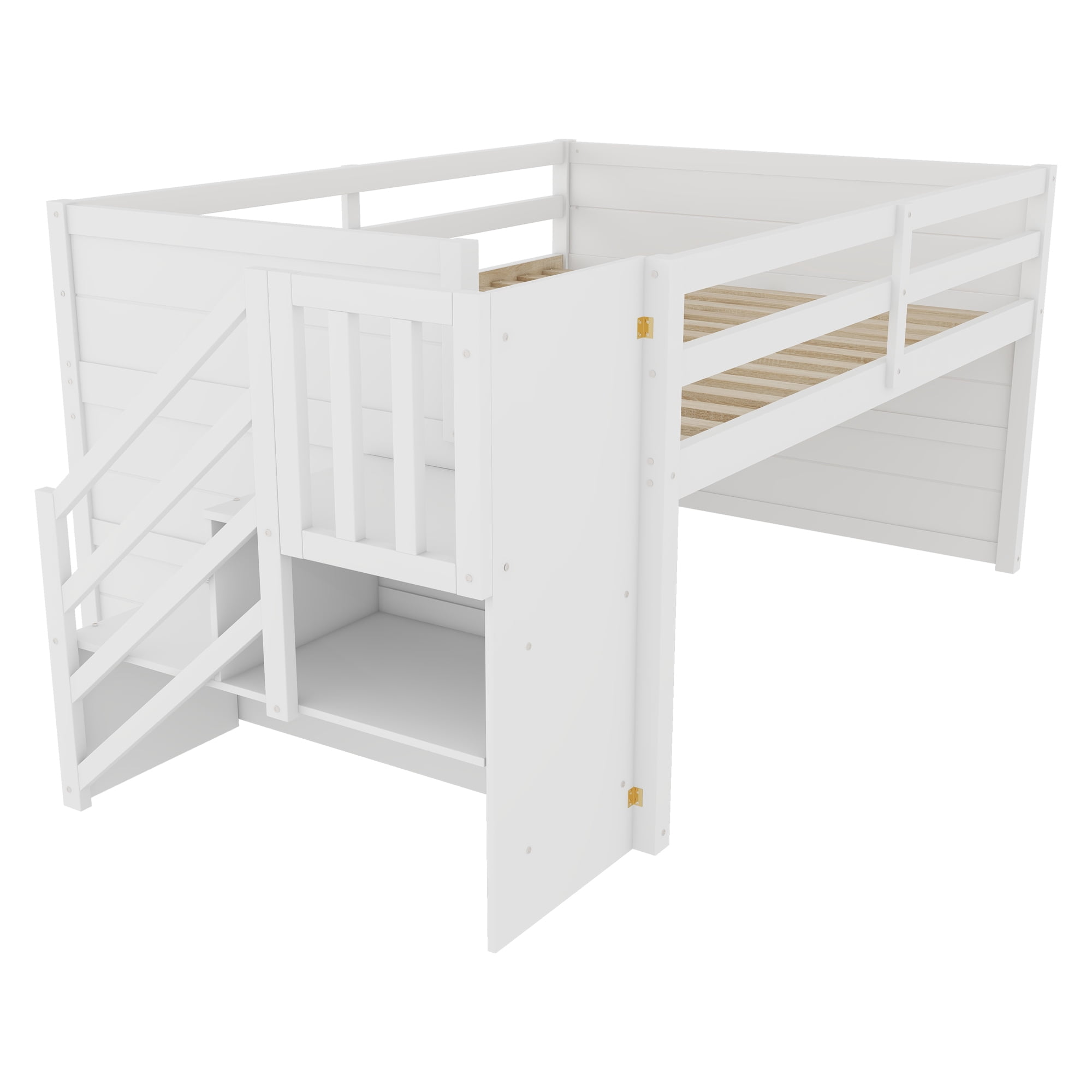 Leumius Full Size Loft Bed with Storage Stairs and Storage Drawers,Solid Wood Bed Frame with Large Under-Bed Space,White