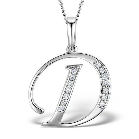 Trillion Designs Sterling Silver 0.05Ct Round Cut Natural Diamond Initial D Symbol Pendant Necklace