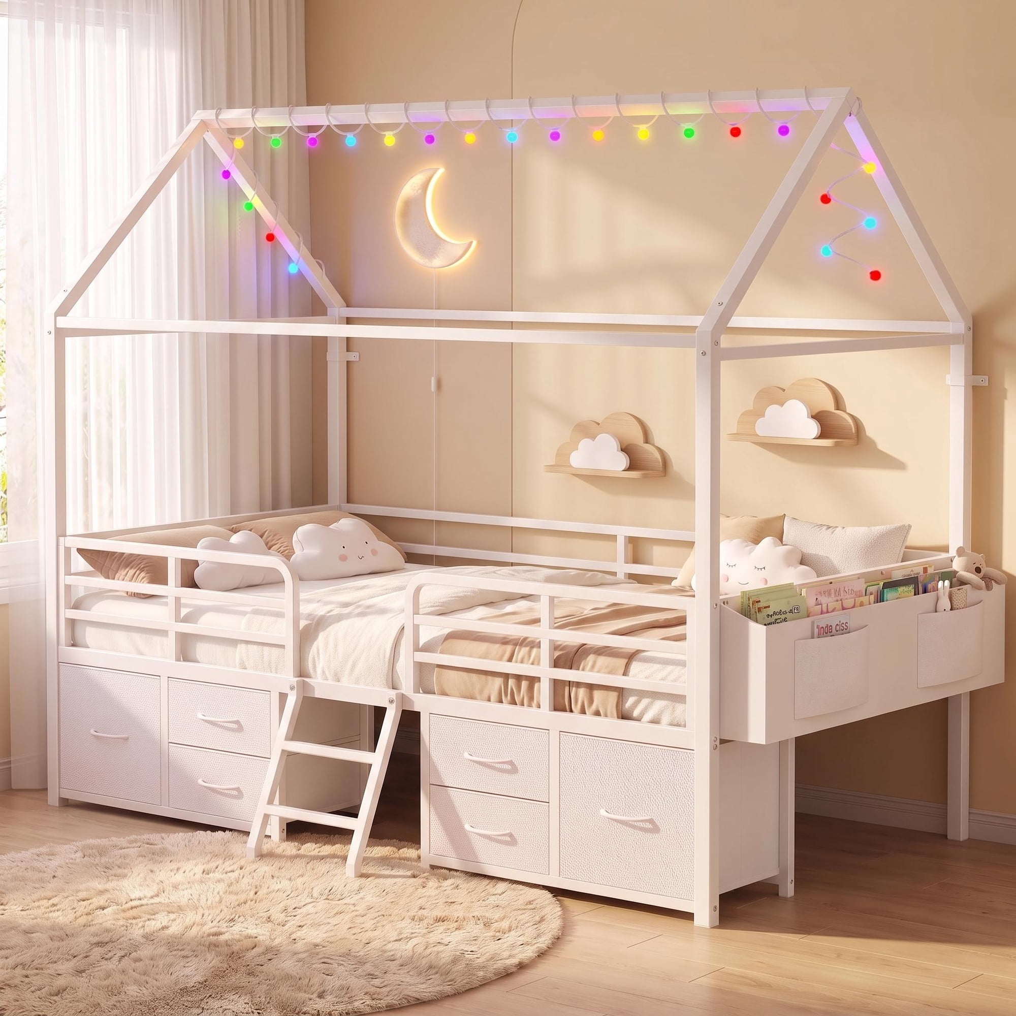 Toogaho Full Size House Bed with 6 Storage Drawers & LED String Light & Bedside Caddy,Metal House-Shaped Bed Frame Platform Bed for Bedroom,No Box Spring Needed,White