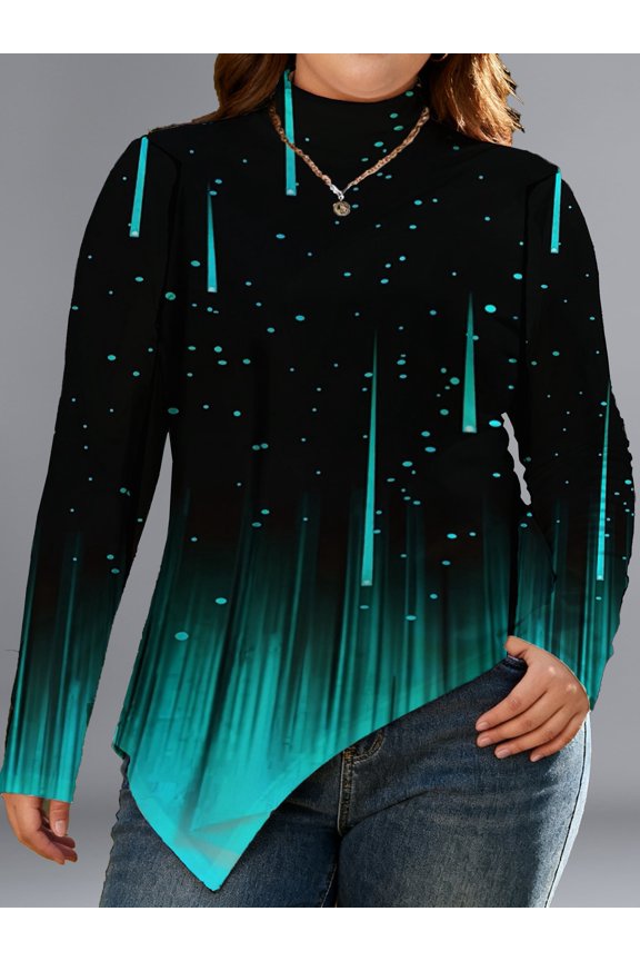 Women's Turtleneck Long Sleeve Asymmetrical Tunic Top, Black Teal