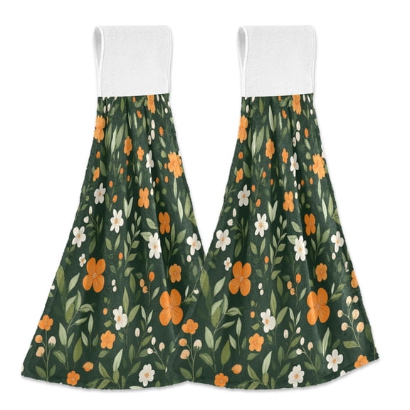 Yayeee Kitchen Hanging Hand Towels Set of 2 with Loop Bathroom Absorbent Tie Towel, Orange Flowers