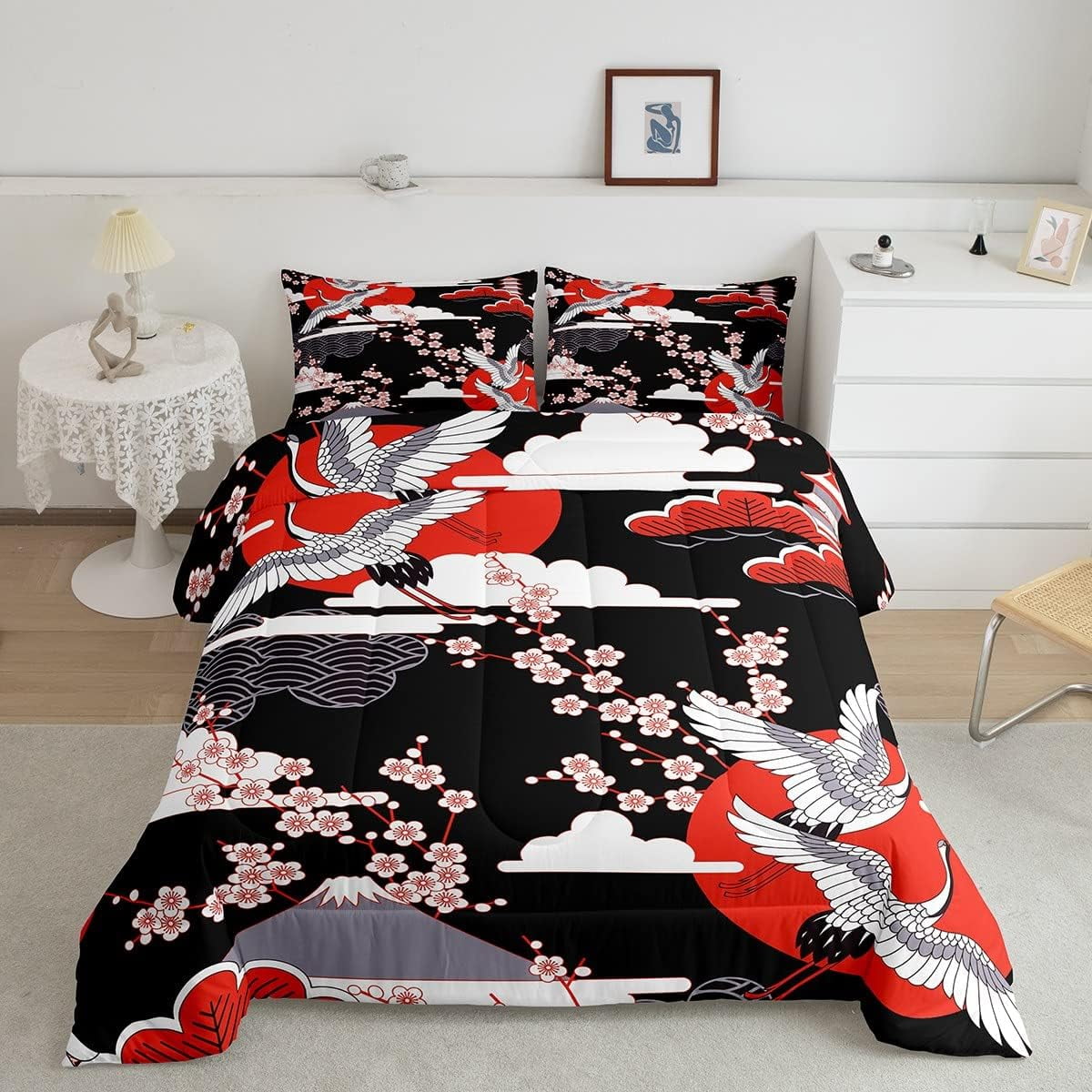 JapaneseStyle Comforter Set Full Size Crane Printed Cherry Blossoms