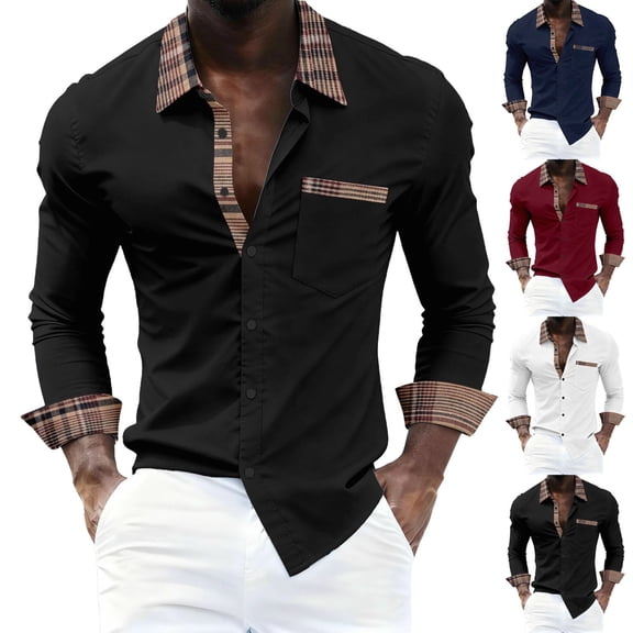 RongHuan Men's Long Sleeve Dress Shirt Fashion Patchwork Plaid Shirts Casual Button Down Tshirt Stylish Business Tops