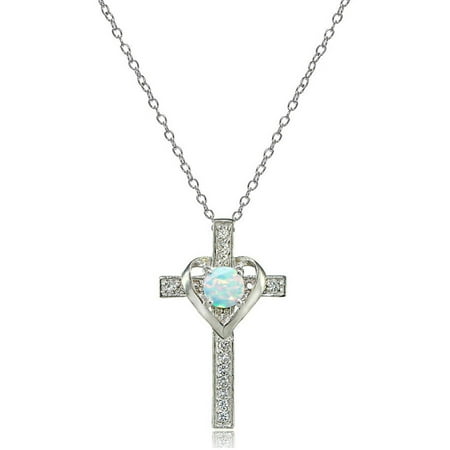 - Sterling Silver Created White Opal & White Topaz Heart in Cross Necklace