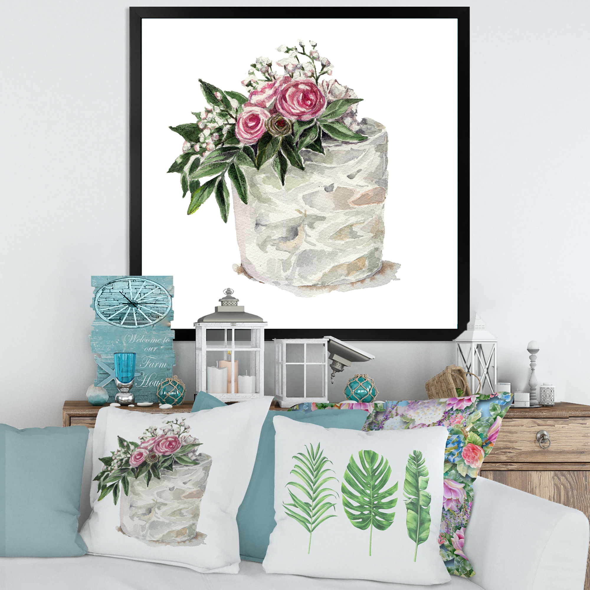Designart 'White Flowers and Pink Roses On Cake' Traditional Framed Art Print