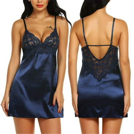 FOCUSNORM Women Lingerie Satin Silk Babydoll Lace Pajamas Set