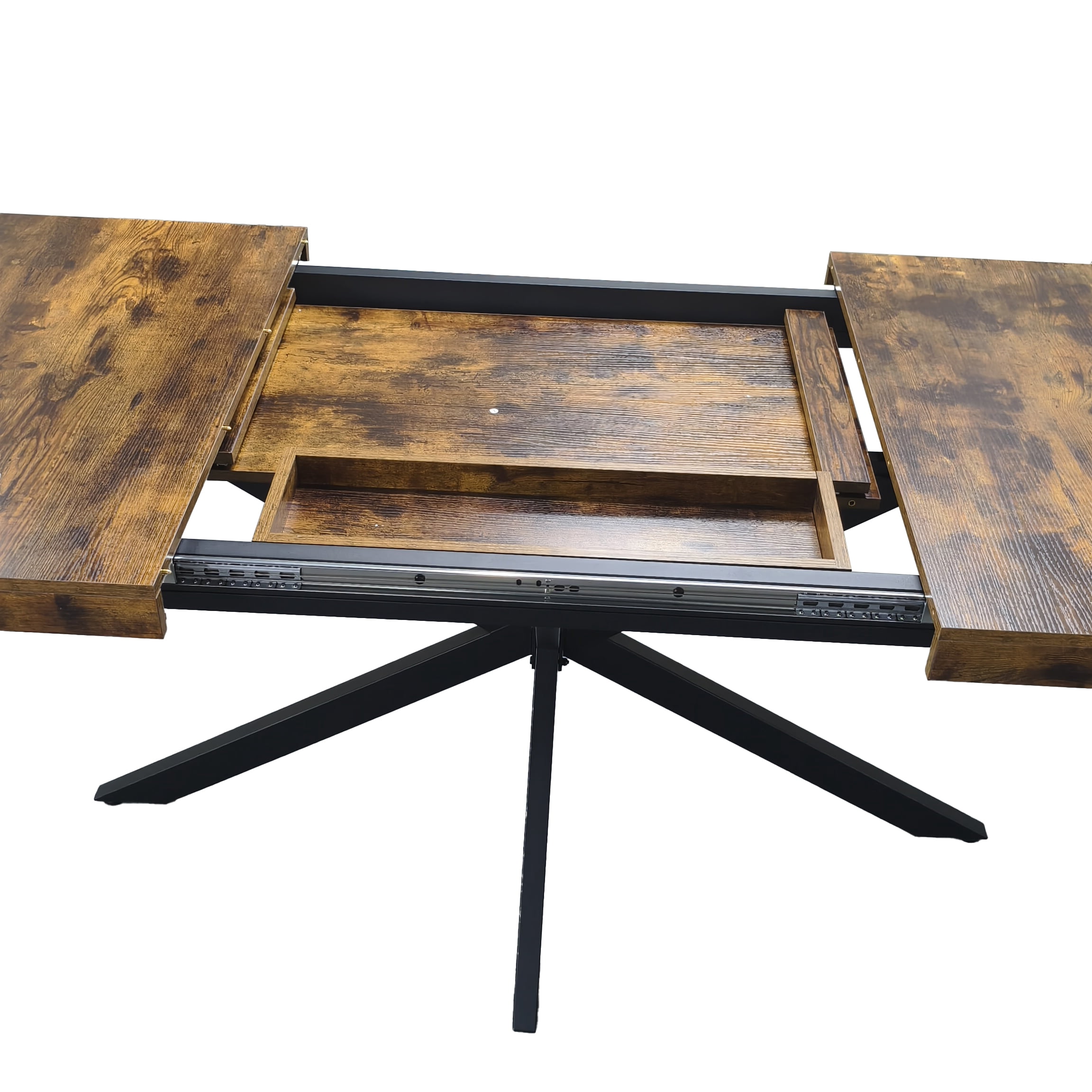 BSHTI 55.11"-70.86" MDF Extendable Rectangular Dining Table with Metal Base and Storage Box for Kitchen/Dining Room（Brown）