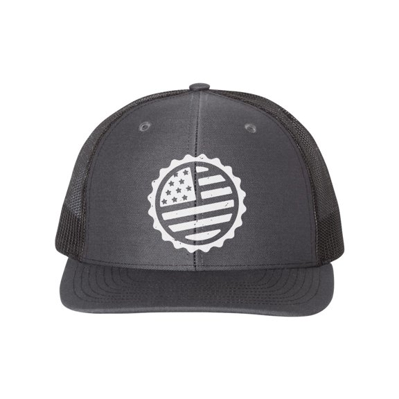 Bottle Cap Flag, Patriotic Snapback, USA Trucker Hat, White Text, Charcoal/Black