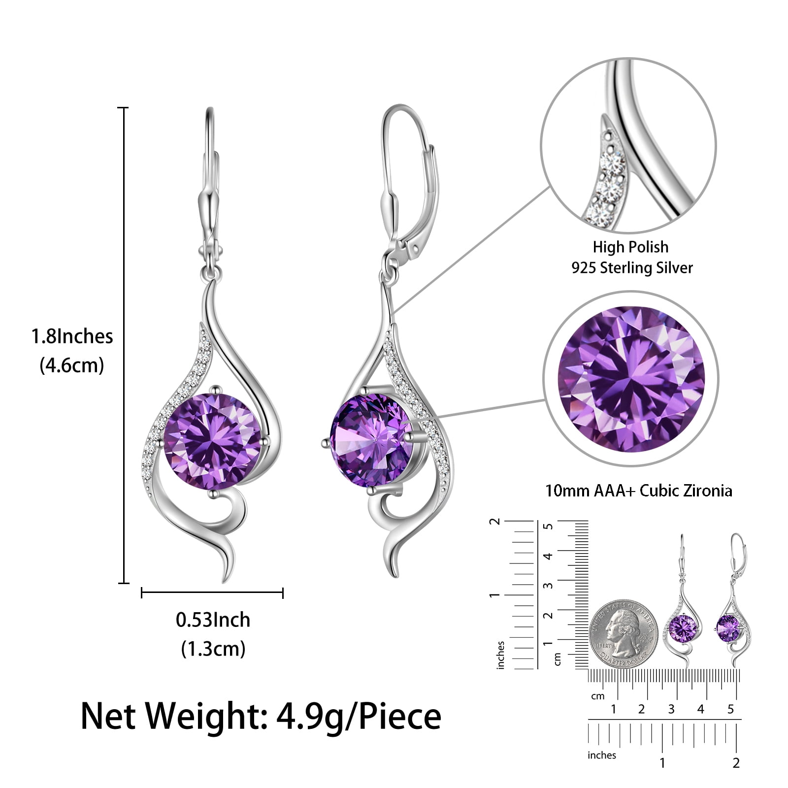 Juwaliy Women Drop Earrings February Birthstone Amethyst Purple Hanging Leverback Earring Sterling Silver Jewelry Christmas Birthday Valentine's Day Gift for Her/Wife/Mom
