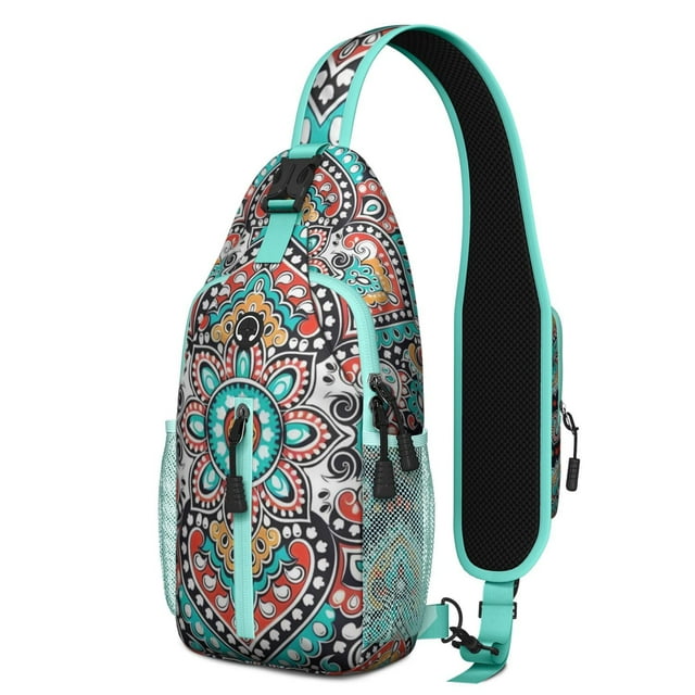 Rustic Ethnic Sling Backpack Bohemian Floral Travel Daypack with Multiple Compartments