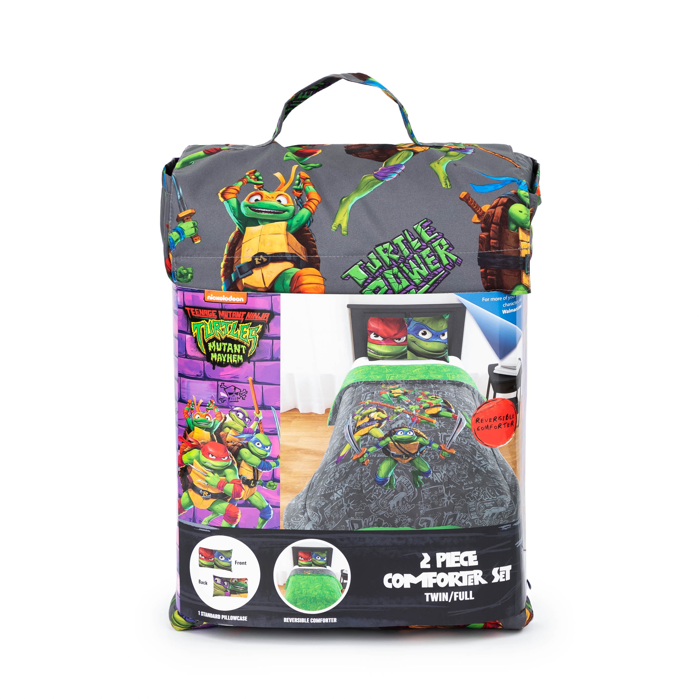 Teenage Mutant Ninja Turtles Kids 2 Piece Grey Reversible Comforter and Pillowcase Bedding Set, Twin/Full