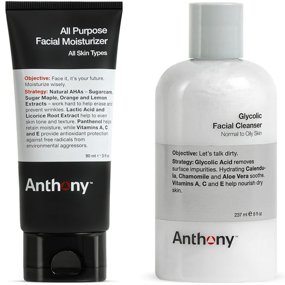 Anthony Glycolic Facial Cleanser, Normal to Oily Skin 8 Fl Oz, and Anthony All Purpose Facial Moisturizer, 3 Fl Oz