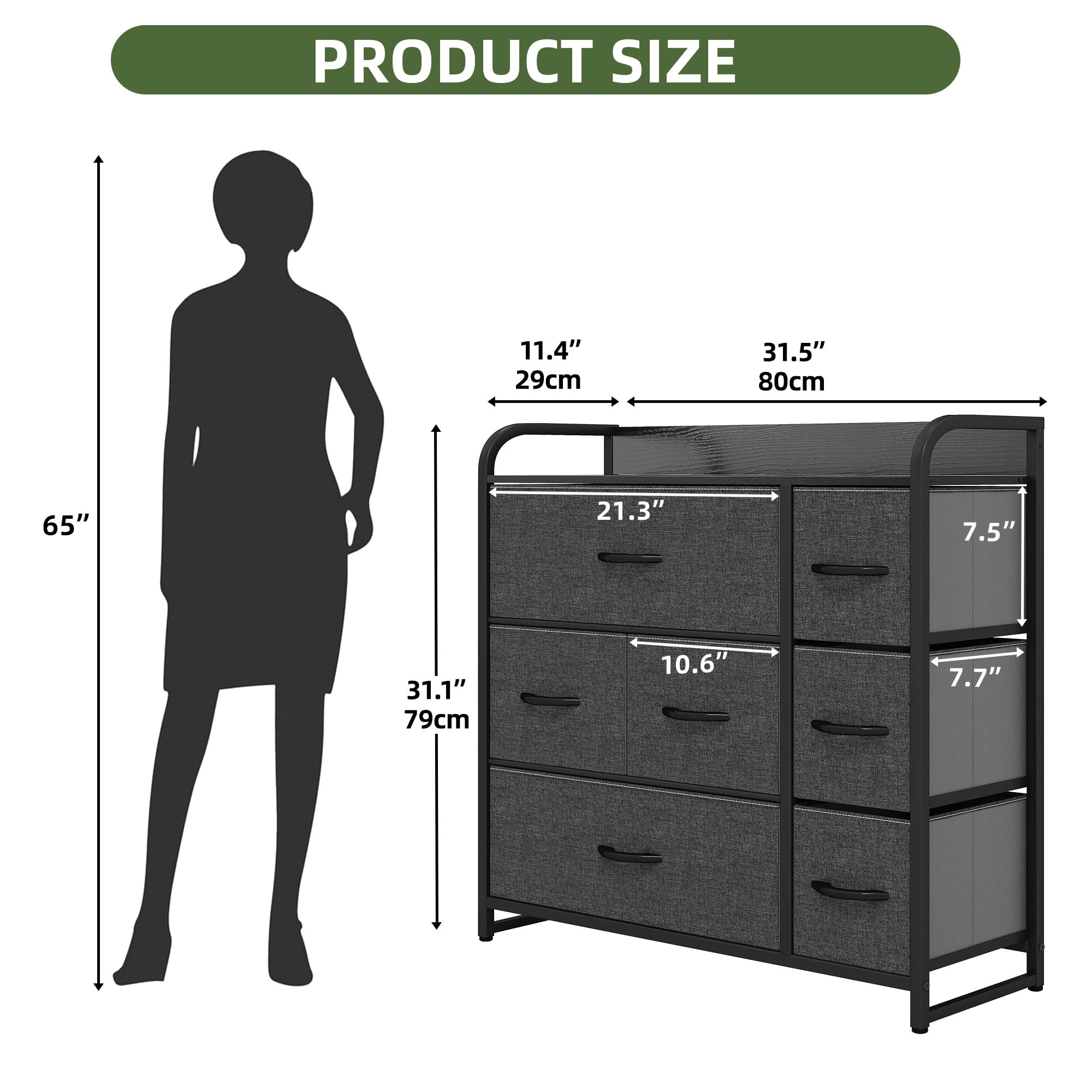 Uforic 7 Drawer Storage Fabric Dresser with Sturdy Steel Frame and Wooden Top, Foldable Easy Pull Fabric Bins, for Living Room, Bedroom, Closet, Entryway, Black