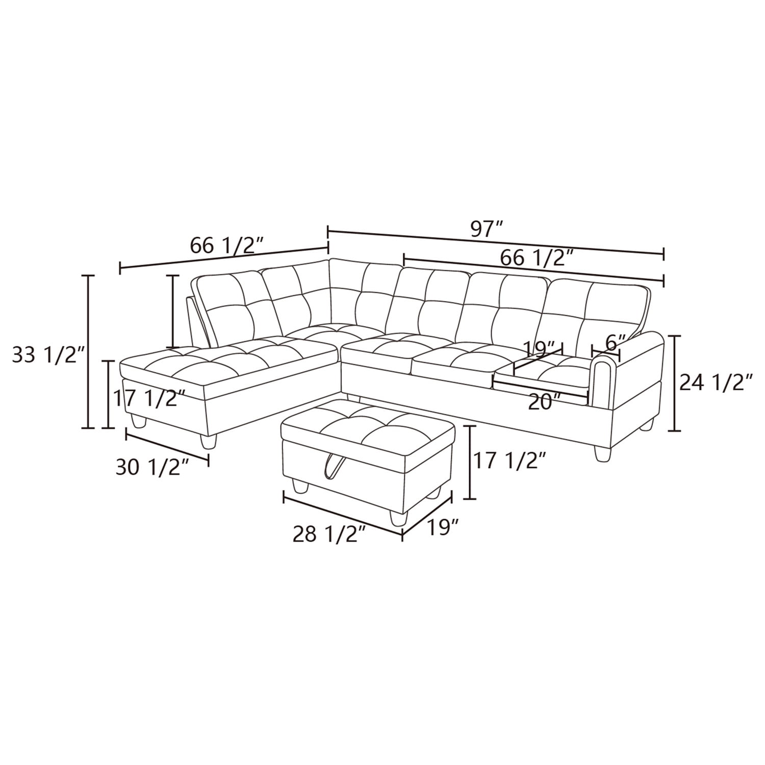 Hommoo L Shaped Couch Set Sectional Sofa, Flannel Living Room Furniture Set, 4-Seat Couches and Sofa for Home, Apartment, Dorm, Beige(No Ottoman)