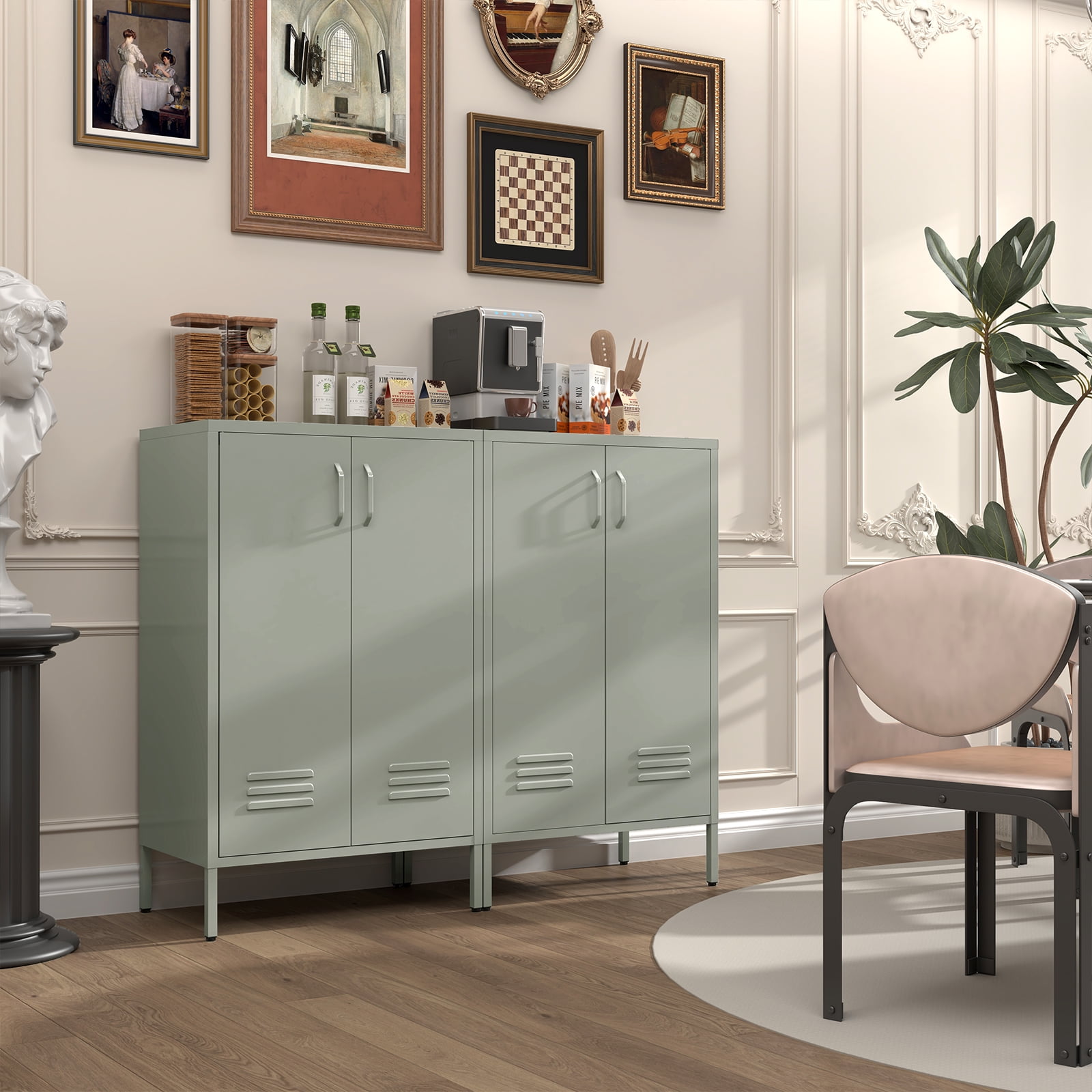 Marcree Green Metal Cabinet,2 Door Accent Cabinet,Metal Locker Cabinet with Legs,Sideboard Cabinet with Adjustable Shelves,Locker Storage Cabinet for Living Room,Entryway