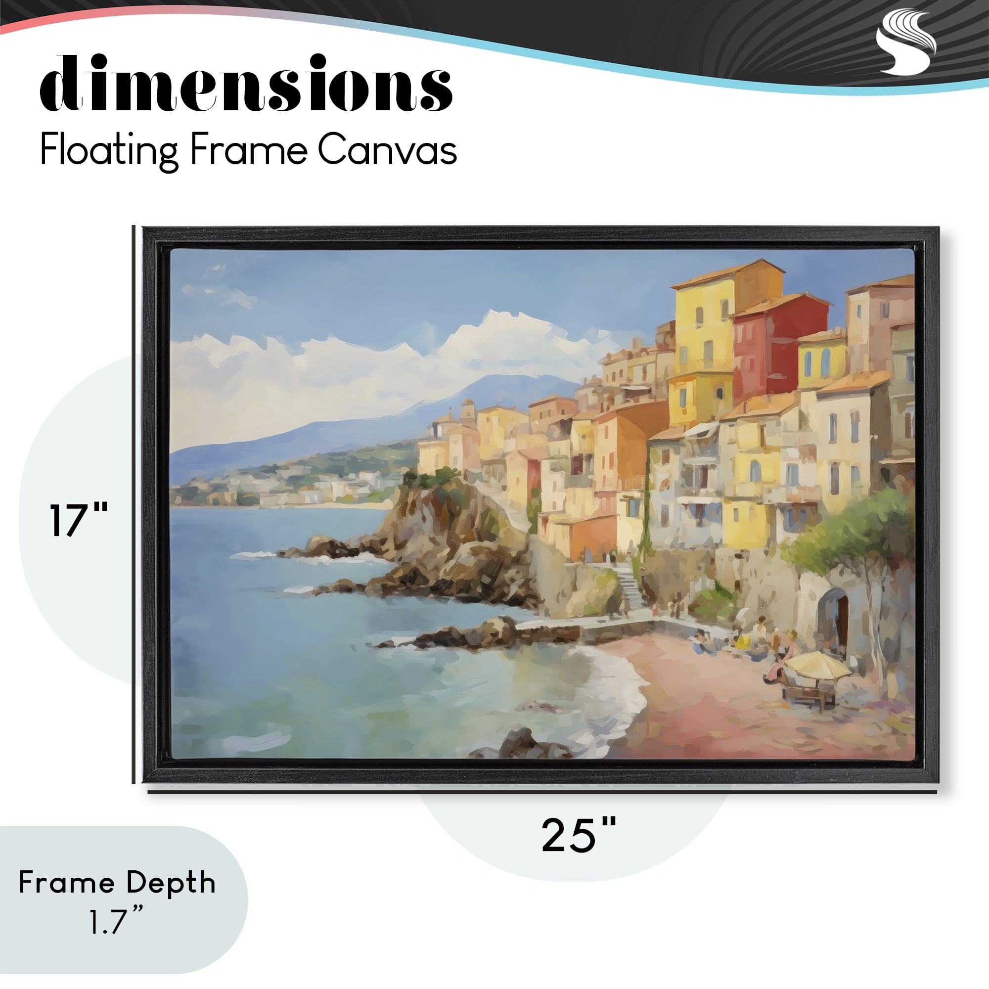 Stupell Industries Colorful Coastal Town by Sea Black Framed Floater Canvas Wall Art, design by Creative Studio