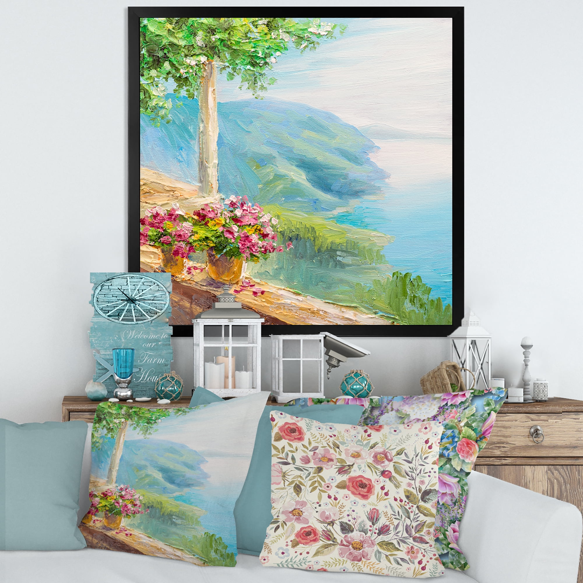 Designart 'House With Colorful Flowers Near The Sea V' Nautical & Coastal Framed Art Print