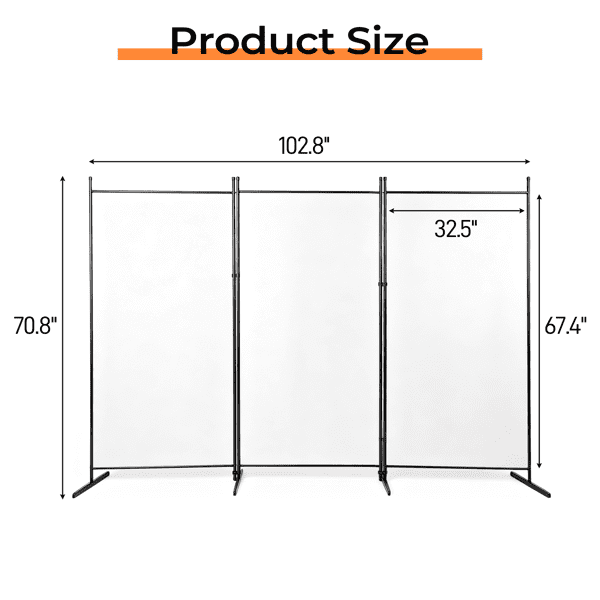 3-Fold 6FT Foldable Screen, 160g Plastic Feet Polyester Fabric Carbon Steel Frame Room Divider, Off-White