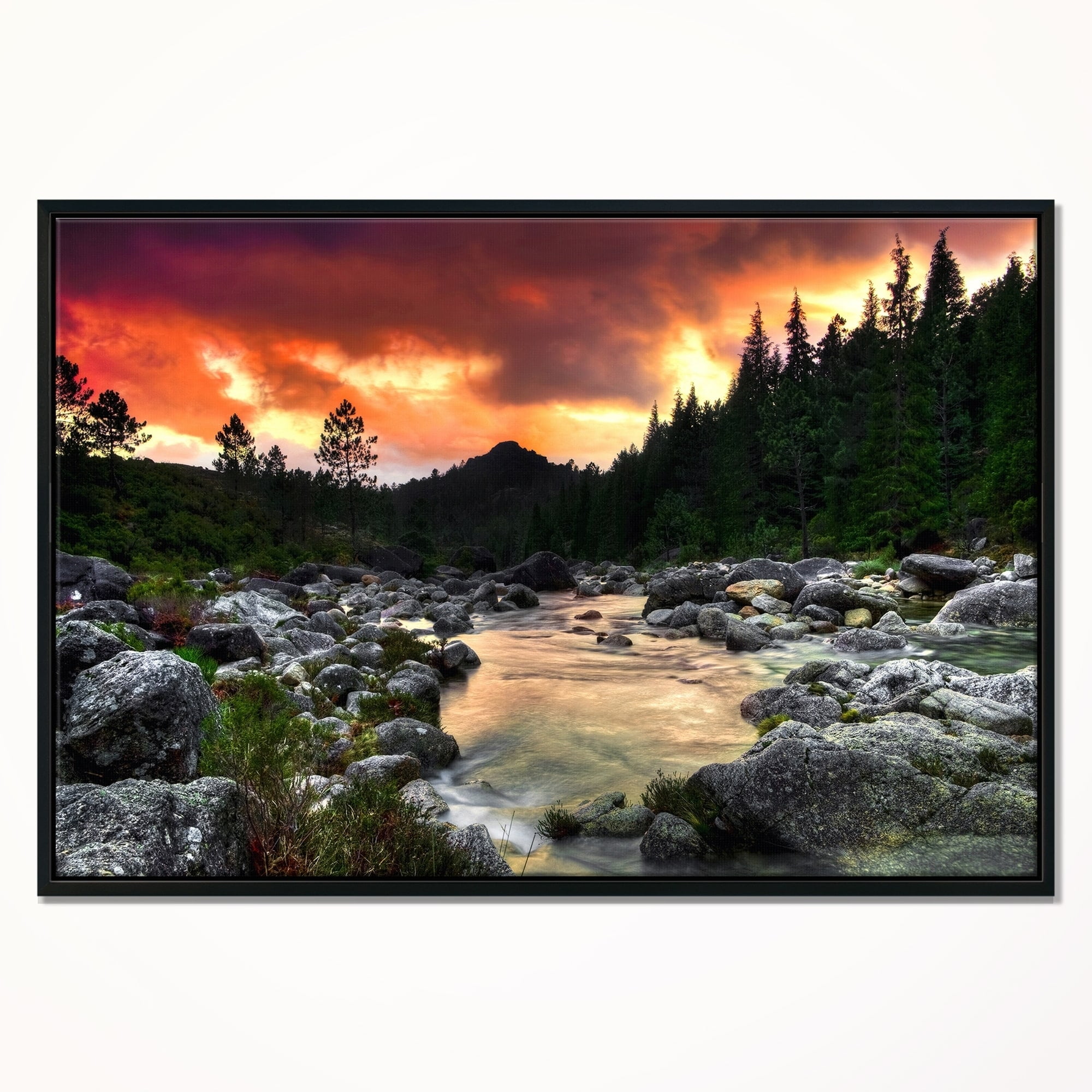 Designart ' Rocky Mountain River at Sunset ' Landscape Framed Canvas Art