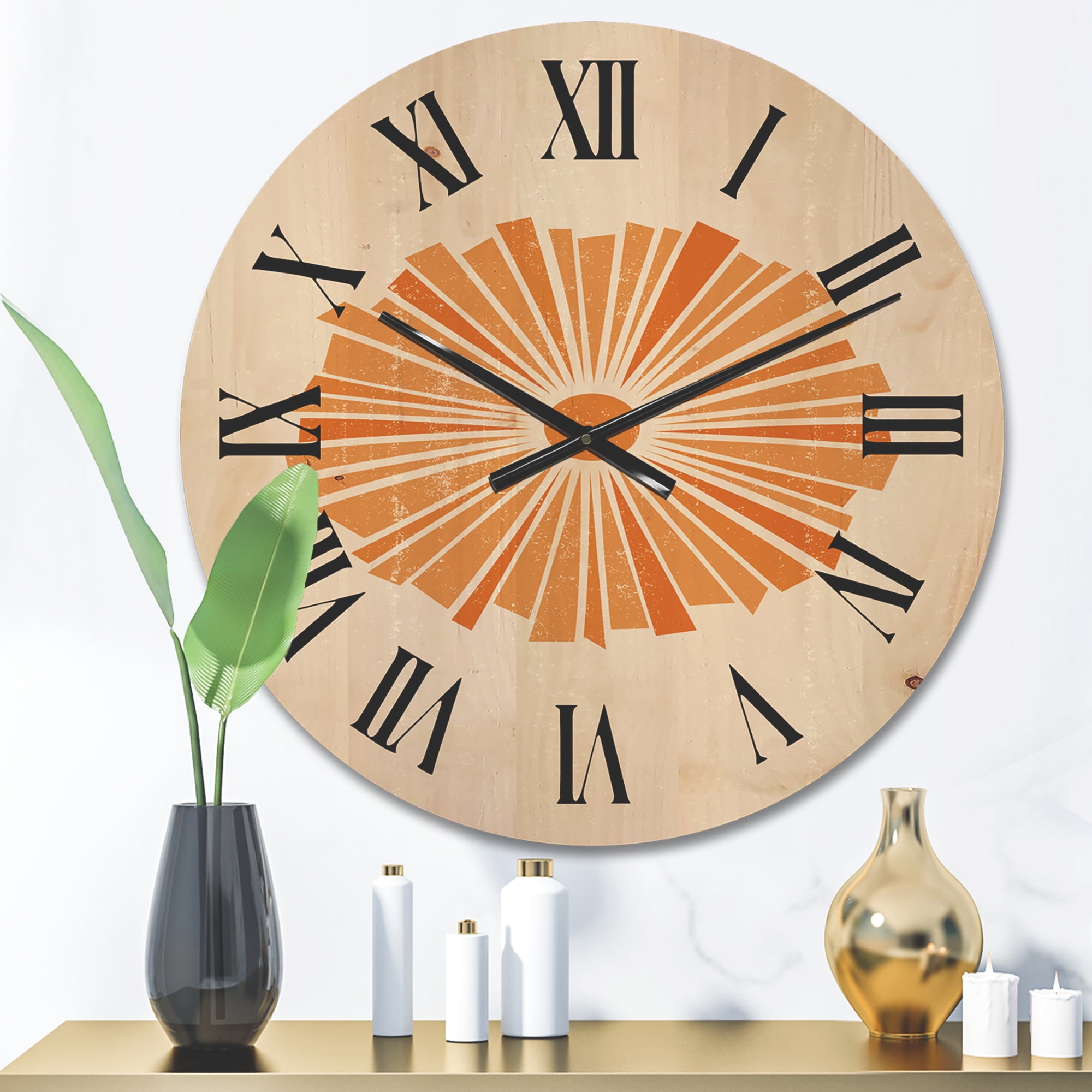 Designart 'Orange Radiant Sun I' Modern Wood Wall Clock