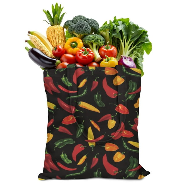 Sac Fourre-Tout en Toile Piments Mignon Motif Légumes Rouges Épicés Illustration Peinture Esthétique Kawaii Dessin Animé Réutilisable Écologique Léger Pliable