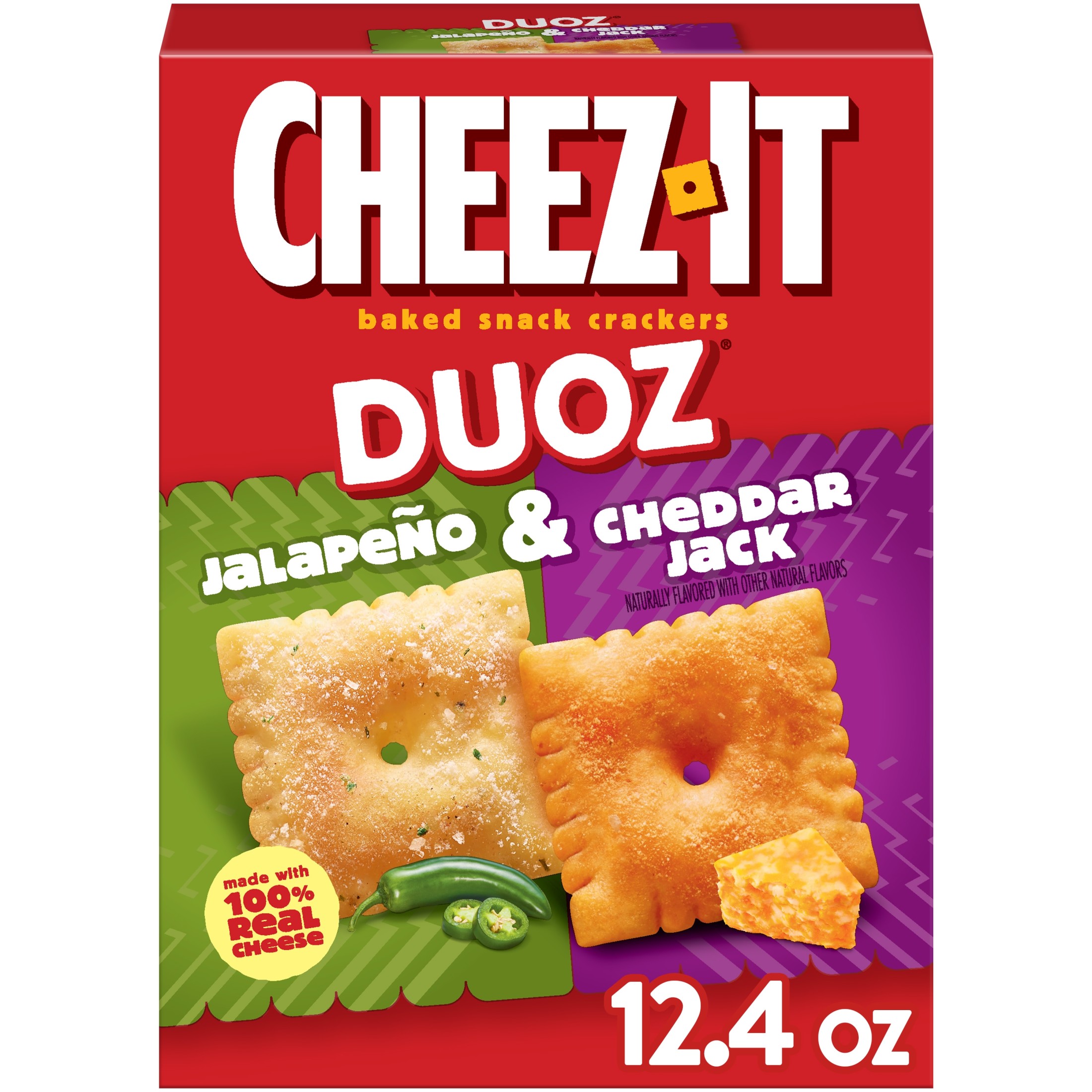 Cheez-It DUOZ Jalapeño and Cheddar Jack Baked Snack Crackers, Lunch Snacks, 12.4 oz