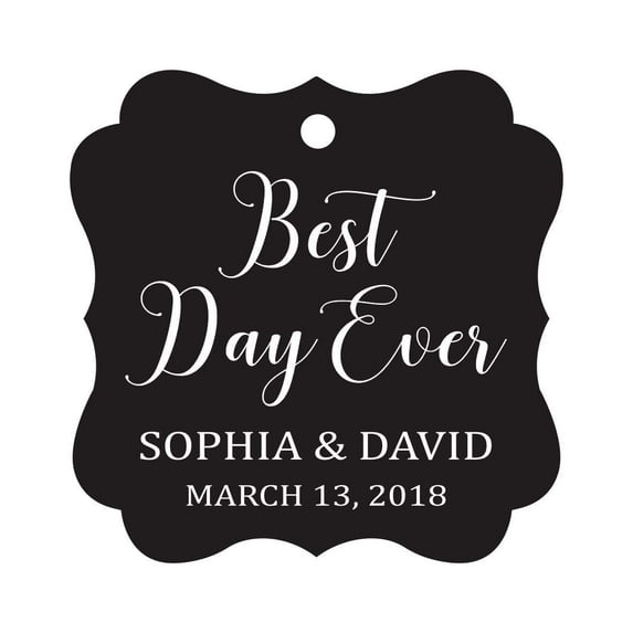 Darling Souvenir Personalized Fancy Frame Wedding Gift Tags 'Best Day Ever' Custom Name & Date Favor Hang Tags-Black-50 Tags