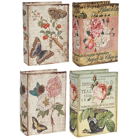 A&B Home Set of 4 Book Boxes Floral/Butterflies: Silk, MDF Lidded Storage, Farmhouse Style, Spot Clean